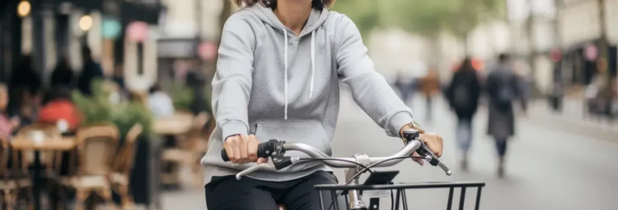 Cycliste urbaine pédalant sur un VAE hollandais en position droite