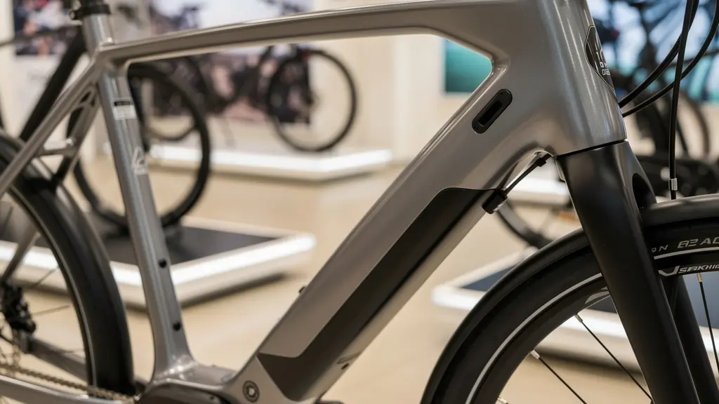 Détail finition vélo électrique hollandais avec batterie intégrée