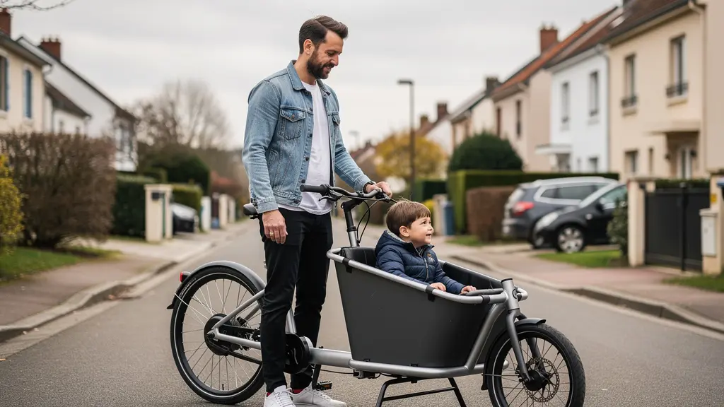 Parent européen avec enfant installé dans vélo cargo électrique